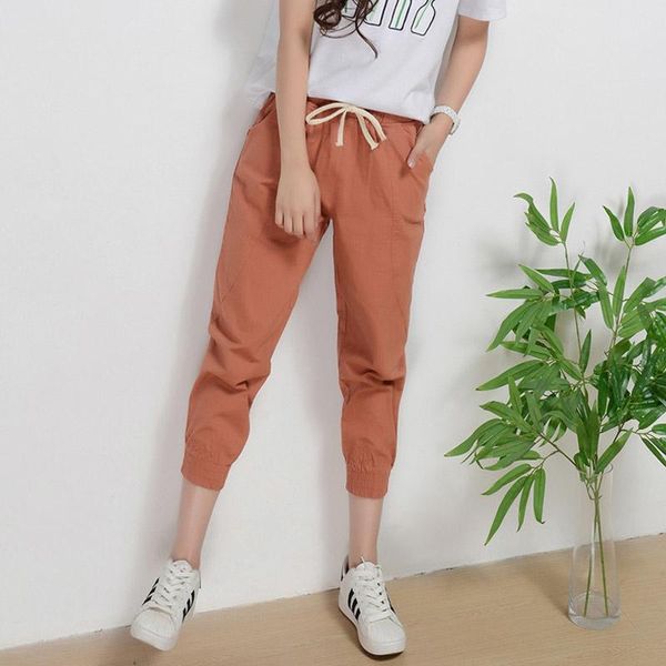 

women's pants & capris summer cotton thin linen small foot necked harlan slim elastic waist sports students, Black;white