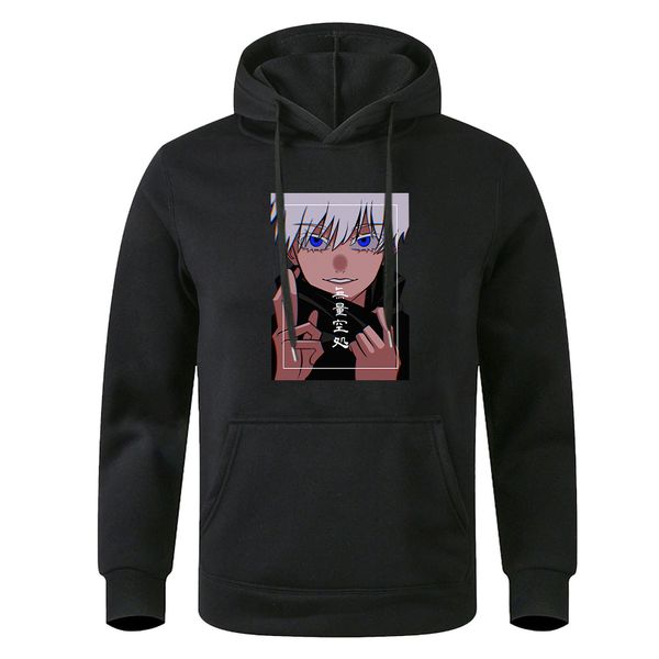 

men's hoodie with cartoon animation of jujutsu, kaisen, gojo, satoru and harajuku, winter and autumn, Black