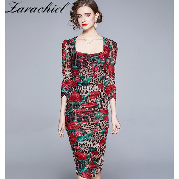 

summer floral leopard printed mesh stretch sheath women's square collar puff sleeve ruched draped midi dress 210416, Black;gray