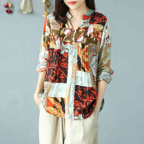 

johnature women casual linen print shirts vintage full sleeve v-neck blouses spring button loose shirts 210521, White