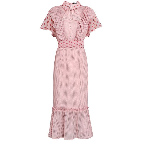

pink polka dot bow collar ruffle sleeve short dress trumpet mermaid button criss-cross summer d1395 210514, Black;gray