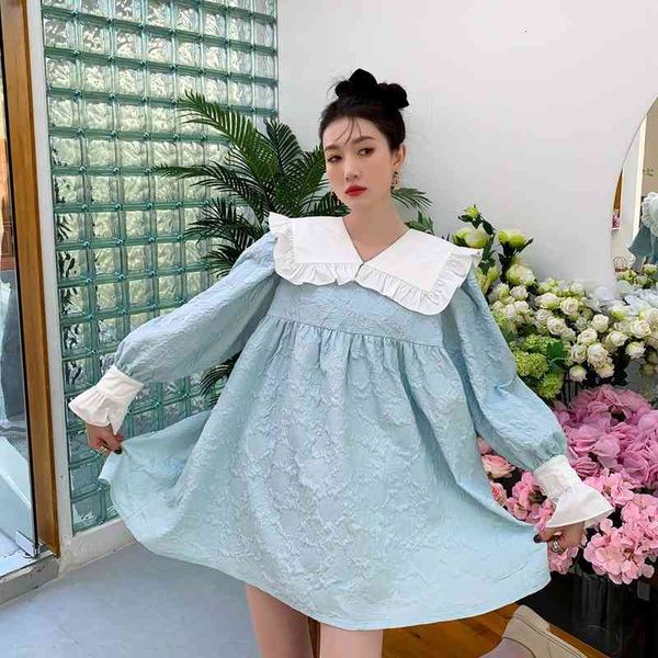 

casual dresses texture light blue long sleeve spring women peter pan collar ruffle loose korean fashion cute kawaii 2021 56xe, Black;gray