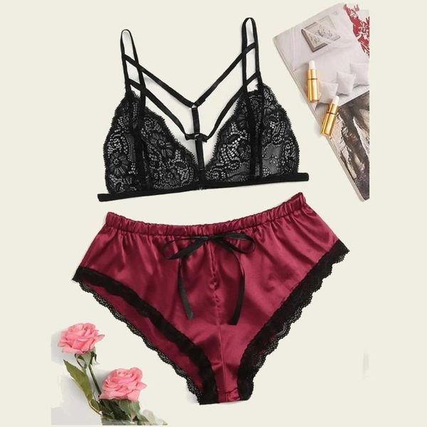 

bras sets women lingerie set ladies floral lace bandage bow underwear short sous vetement femme conjunto w#, Red;black