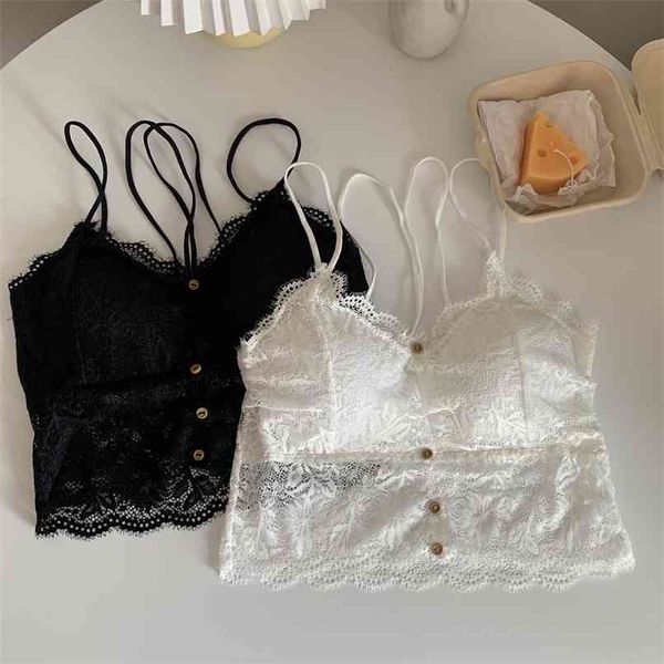 

lace camis fashion women front button design short black white spaghetti strap shirts female tank 210529
