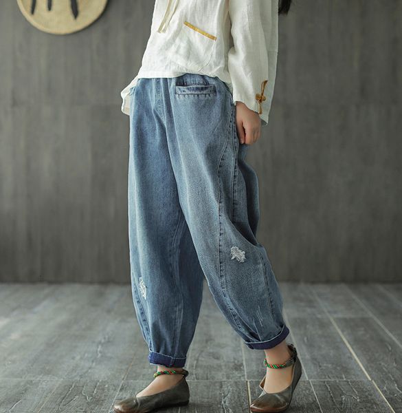 

women's spring autumn jeans women elastic waist loose all-match denim pants casual ladies pocket hole bleached retro trousers, Blue