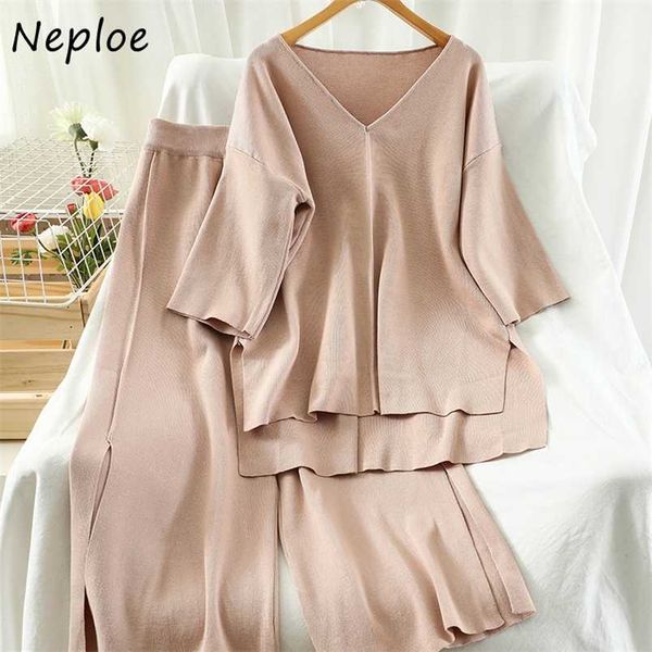 

neploe sweet suit v-neck solid color split knitted pullovers + straight stretch waist wide leg pants 2 piece set women 210929, White