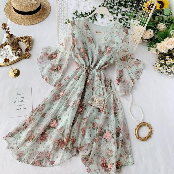 

casual dresses party beach female 2021 summer fairy trumpet sleeve slim irregular floral chiffon dress elegant style vestidos, Black;gray
