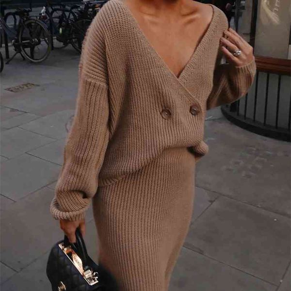 

knitted sweater dress autumn winter two pieces sets suits vintage elegant office ladies long outfits 210427, Black;gray