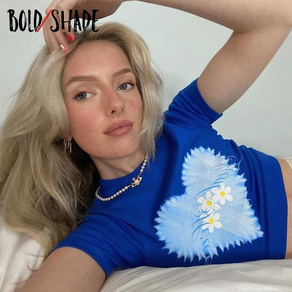 

women's t-shirt bold shade y2k indie asethetic heart print crop short sleeve summer 2021 grunge fashion 90s clothes round neck t-shirt, White