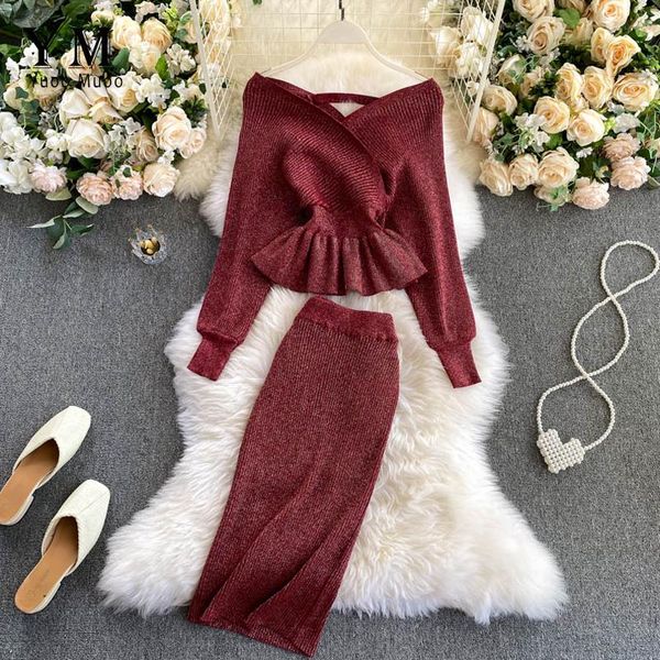 

yuoomuoo good quality comfy two piece set shining ladies dresses 2021 autumn winter v neck elegant ruffled knitted bodycon dress casual, Black;gray