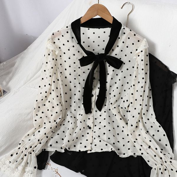 

spring elegant polka-dot chiffon shirt women's blouse stitching velvet bow tie collar korean s trend 210420, White