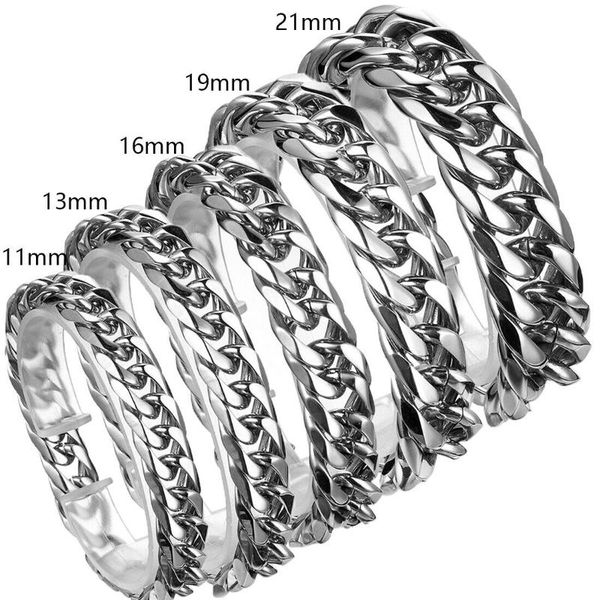 

chains 9/11/13/16/19/21mm men's bracelet strong stainless steel bracelets curb link chain double cuban for men bangle 18cm-25cm, Silver
