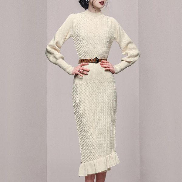 

casual dresses fashion elegant half turtleneck puff long sleeve sweater dress women ruffle knitted mermaid with belt, Black;gray