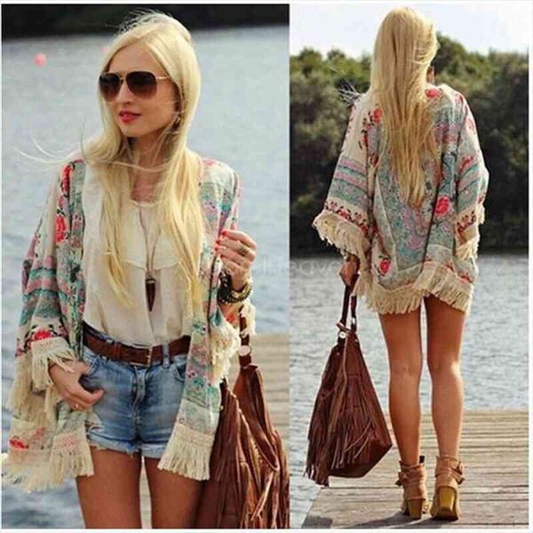 

women ladies summer beachwear cover up retro boho floral lace cardigan tassel hippie kimono blouse dropshipping, White