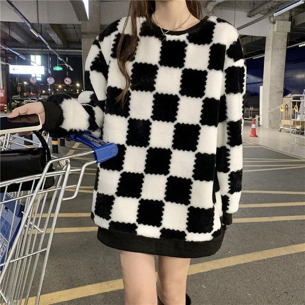 

women's hoodies & sweatshirts hoodie plaid fleece autumn faux lamb wool coat languid round neck long sleeve loose thick black white win