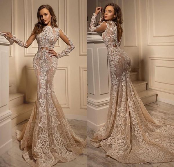 2022 Luxuoso Rhinestone Cristal Vestido de Noiva de Alto Pescoço Beads Applique mangas compridas Sereia vestido nupcial aberto Vestido nupcial