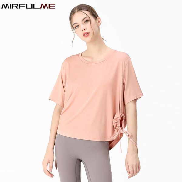 

yoga outfit summer women baggy sport t-shirts short sleeves side bandage clothes loose running shirts girls gym workout tee blouse