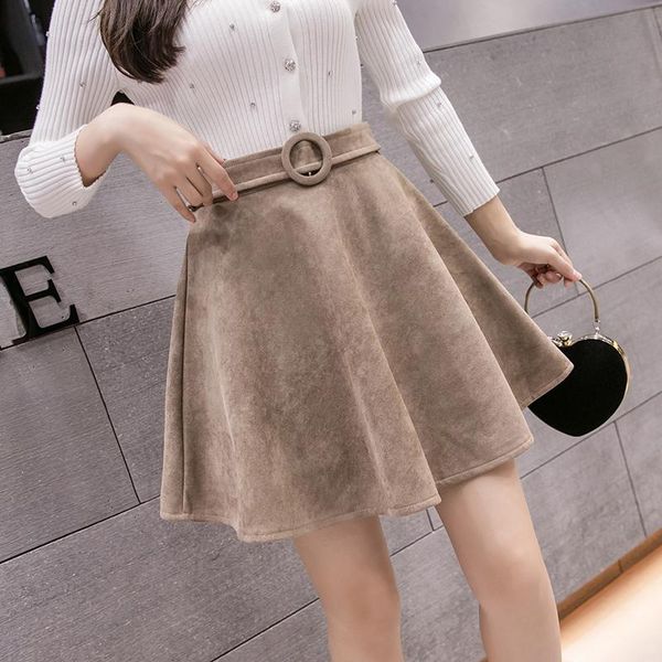 

skirts neophil 2021 winter suede leather women mini skirt high waist pleated flare solid casual fashion girl a-line short s9925, Black