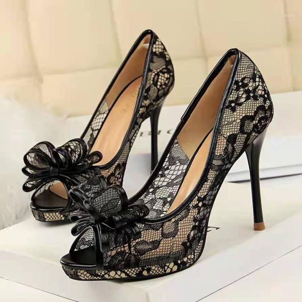 

dress shoes calzado thin lace gift girlfriend 2021 summer women heels siper high 9.5cm party wedding cube shallow pu solid mesh1, Black