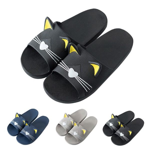 

slippers men women home indoors cartoon cat floor family shoes beach sandals personality simple casual, Black