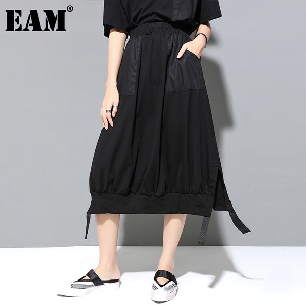 

[eam] spring summer high elastic waist black ribbon split joint loos temperament half-body skirt women fashion jx502 21512