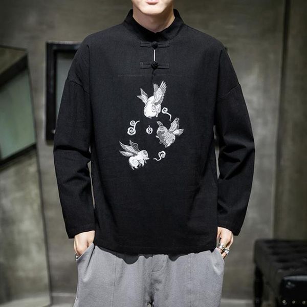 

large size men's chinese style tang suit casual long-sleeved embroidery shirts ancient all-match shirt, White;black