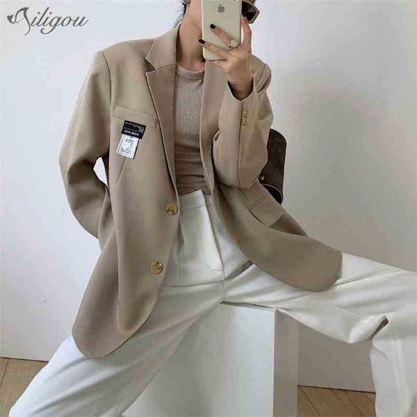 

khaki black casual women slim suit jacket notch long sleeve button pocket fashion clothes 210525, Black;brown