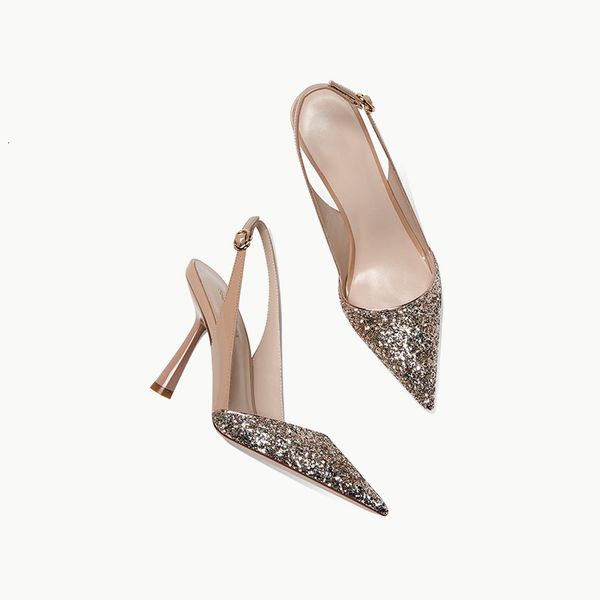 

luxury dress shoes in summer of 2021, the sequin pointed one-sided buckle high-heeled sho are color matched, followed by empty thin heel bao, Black