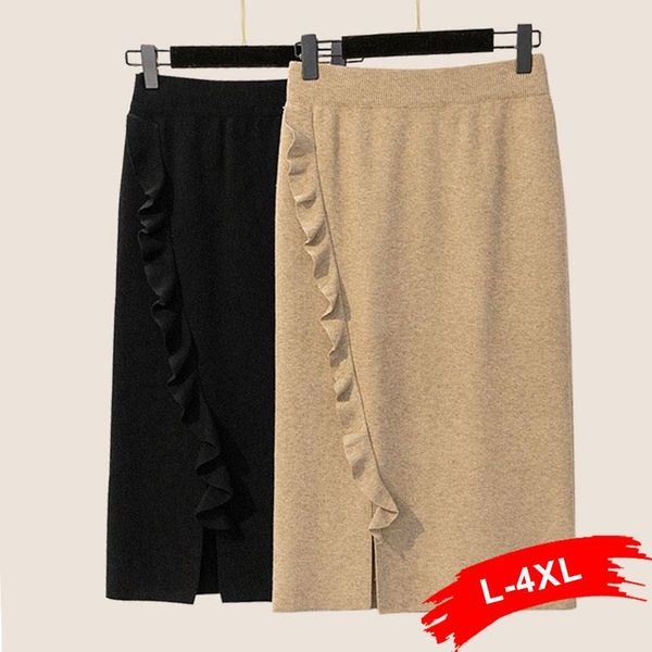 

ruffled plus women size knitted 5xl high waist pencil skirts autumn winter thick warm sweater midi skirt jupe femme faldas, Black