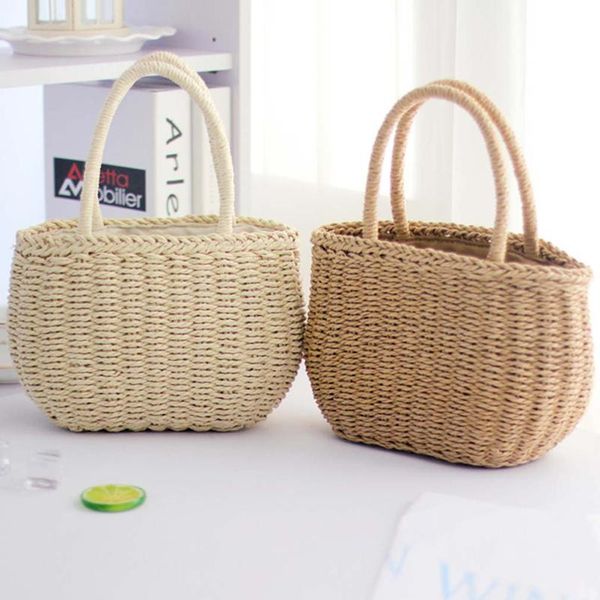 

fashion women solid straw bags woven bag summer beach rattan shoulder bamboo handbag storage