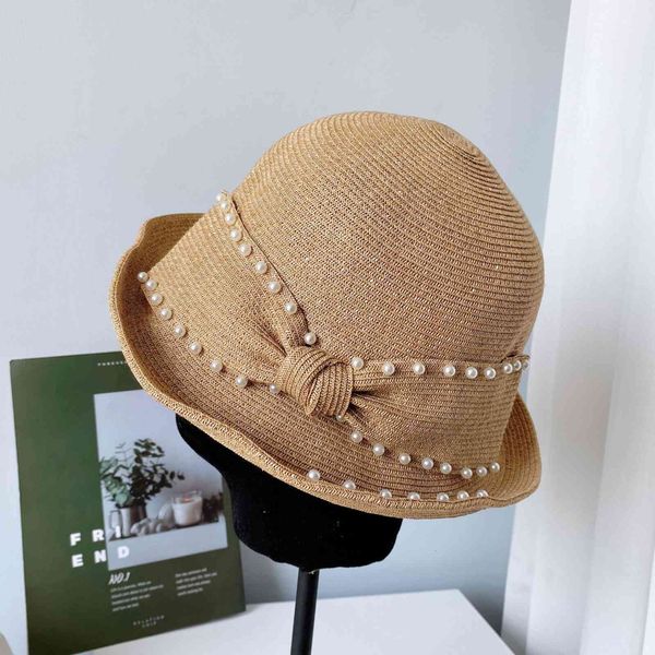 

big hat hand made pearl bow fisherman's female summer sun proof straw hepburn wind basin seaside beach, Blue;gray
