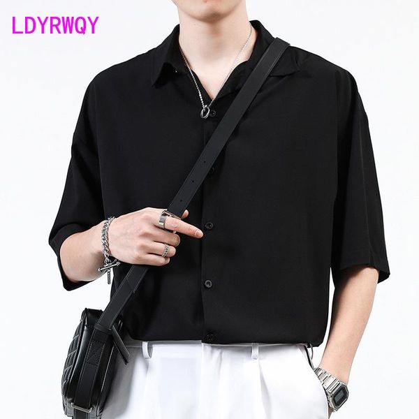 

men's casual shirts ldyrwqy 2021 summer short-sleeved japanese and korean fashion temperament single-breasted lapel black shirt, White;black