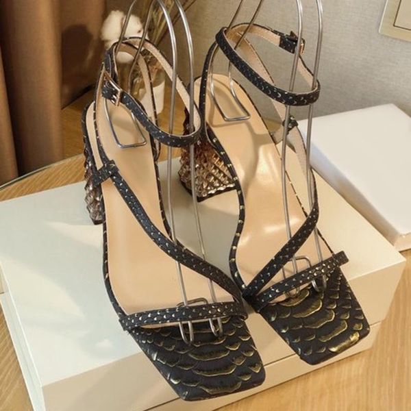 

sandals luxury elegant snake skin women summer brand design high heels square toe shoes fashion buckle strap female, Black