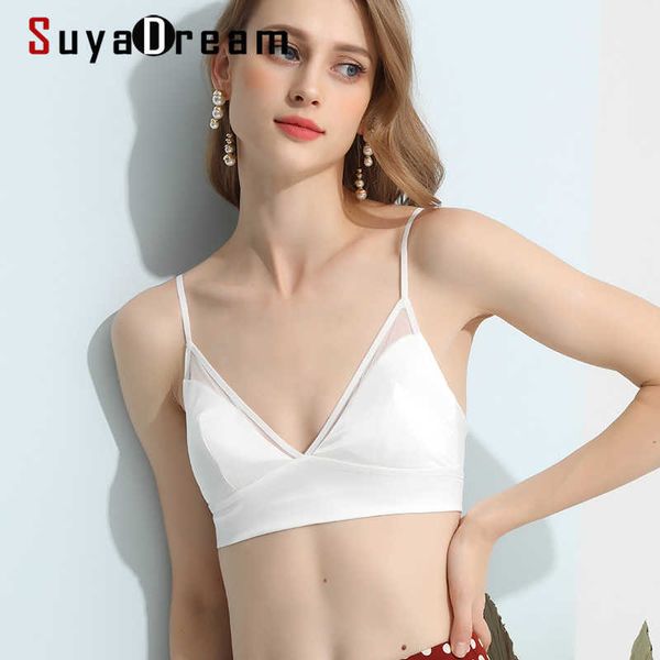 Suyadream Mulheres Fio Brasil Livre 100% Natural Silk Forro Diferencial Dos dias Troque Cups Bra Preto Branco Francês Estilo Underwear 210623