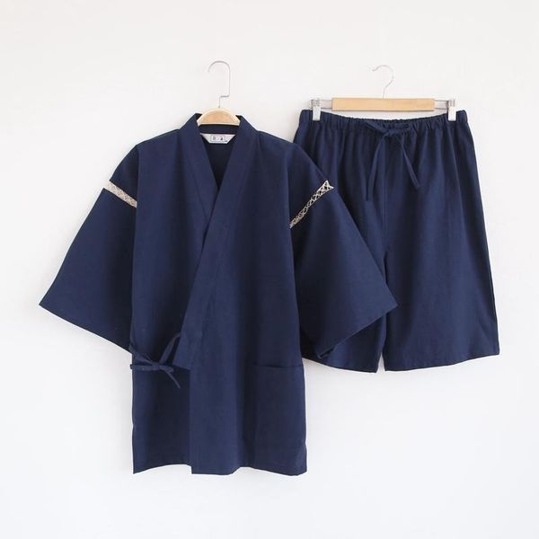 Roupas étnicas de alta qualidade homens algodão sleepwear solto 2 pcs quimono topspant sono conjunto japonês tradicional samurai pijama yukata quimonos