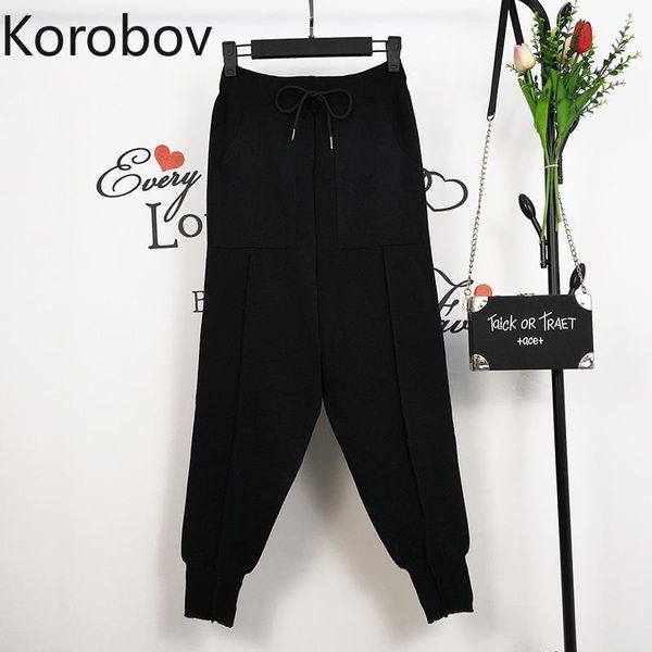 

women's pants & capris korobov korean loose casual women black vintage elastics high waist lacing trousers streetwear fashion harem jog, Black;white