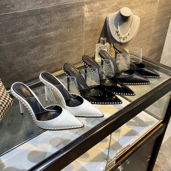 Casual Designer moda donna sandali vera pelle nera punte punta a punta stiletto spogliarellista tacchi alti sandali de las mujeres mujer scarpe taglia grande 44 43