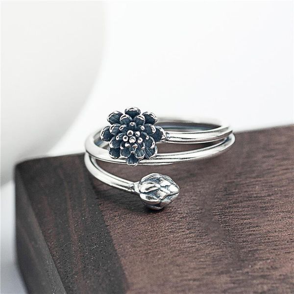 

cluster rings 100% genuine 925 sterling silver vintage thai lotus simple fashion opening resizable women fine jewelry, Golden;silver