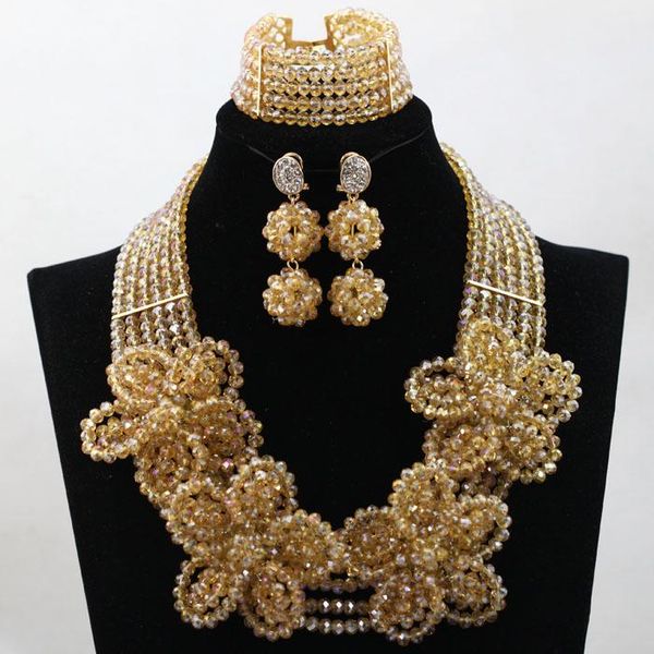 

earrings & necklace geogrous champagne flower jewelry set beautiful nigerian beaded fashion design hx443, Silver