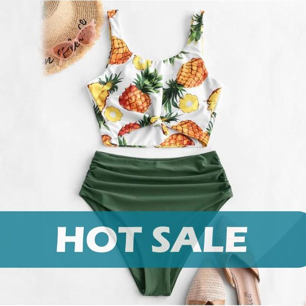 

two-piece suits green pineapple print women's swimsuit two pieces bathing ruffled with high waisted bottom bikini 2021 woman push up