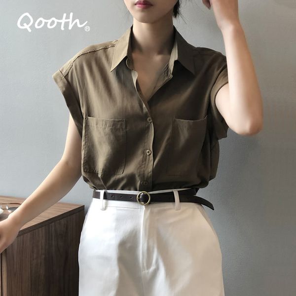 

qooth retro drop-shoulder sleeve shirt women's solid summer single breasted fashion straight design shirt loose qt588 210518, White