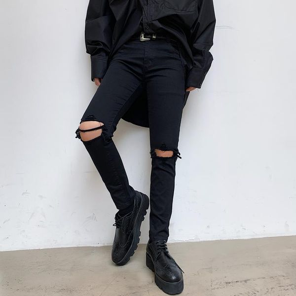 

men's pants knee south korea personality spring and summer dark department of men casual hole nine minutes slim version, Black
