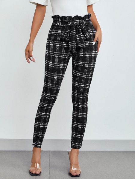 

petite plaid paper bag waist skinny pants 78xo#, Black;white