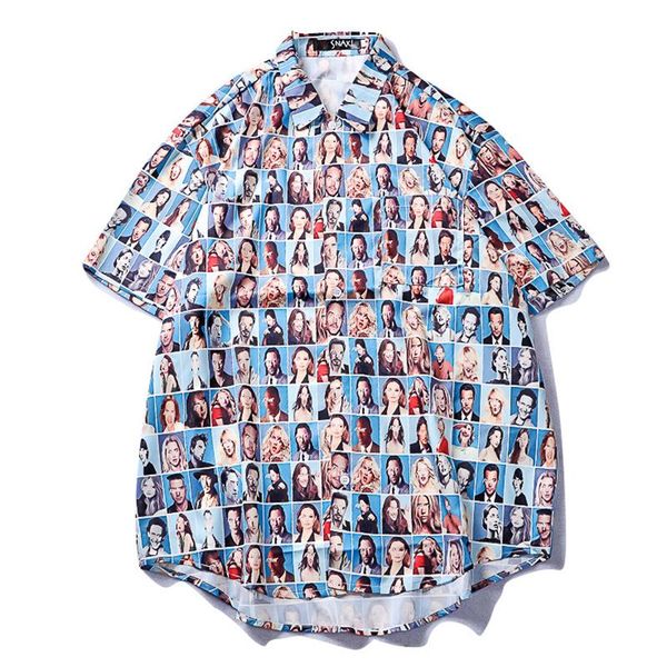 

men street short sleeve lapel shirt loose casual summer fashion beach pattern men's shirts, White;black