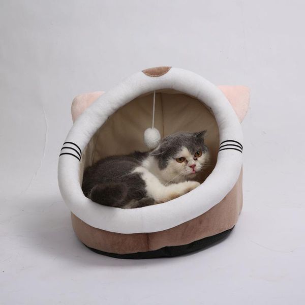 

cat beds & furniture 2021 winter cute house with cotton bed and hanging ball puppy dog villa kennel removable washable chihuahua pet product
