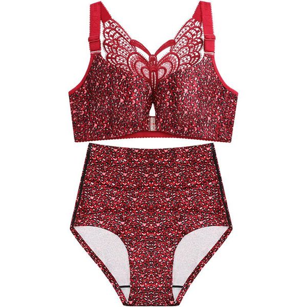 

bras sets bra buttoned in front of large size beautiful back with traceless gloss surface leopard-print butterfly sutyen bra+set, Red;black