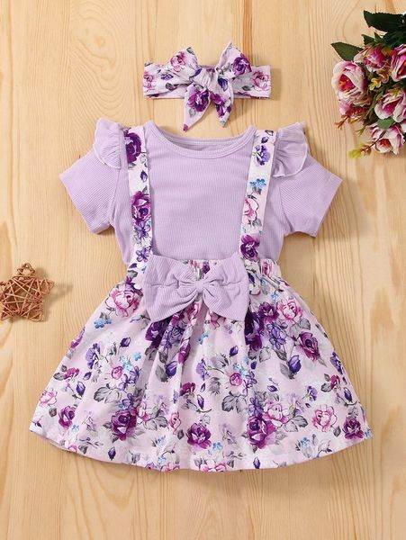 

baby ruffle trim bodysuit & floral pinafore skirt & headband she, White