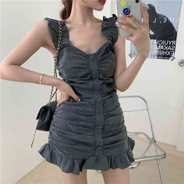 

2 colors summer mini dress holiday style girls sweet loose slim low neck spaghetti strap dress womens (r98279) 210423, Black;gray