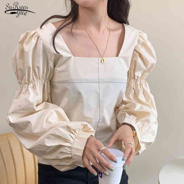 Top da donna con maniche lunghe a sbuffo Top alla moda chic coreano Colletto quadrato Camicetta da donna Camicie bianche morbide Top nero Blusas Mujer 12391 210521