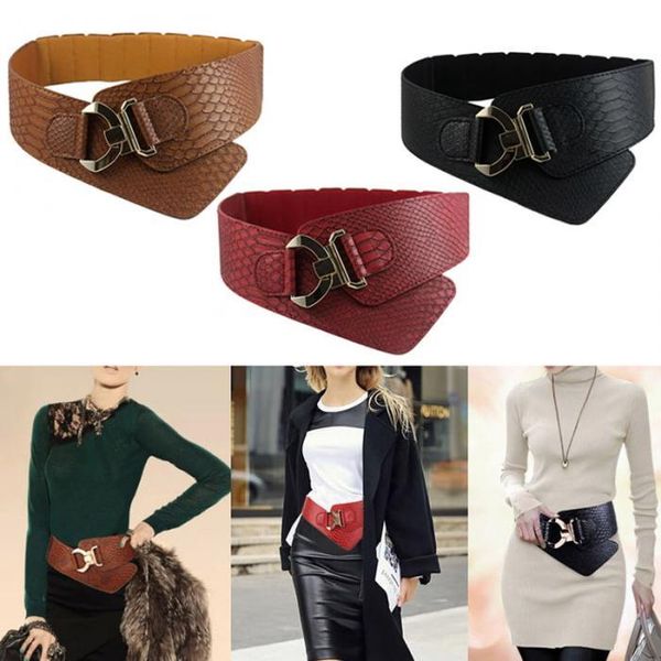 

belts women wide waist crocodile pattern faux pu leather female waistband cummerbunds luxury metal corset, Black;brown